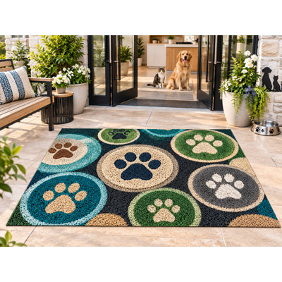 5' x 7' Outdoor Area Rug Colorful Paw Print Circles Heavyweight Solid Waterproof PVC Coil Loop Carpet, Patio Rug, Quick Dry Outdoor Mat for Large Doormat Porch Deck Entryway Pet Supply & Grooming Salons 