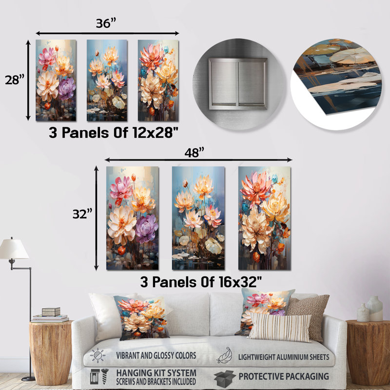 Fleurs colorées lotus abstraction - lot de 3 pièces d'art mural en métal, H 32 po x l 48 po