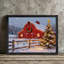 Art mural de ferme de Noël rustique noir encadré - charmante grange rouge et arbre, décorations festives encadrées-1838616963