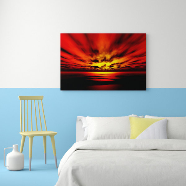 East Urban Home Fire Red Sun Blaze Seascape - Wrapped Canvas Art Prints ...