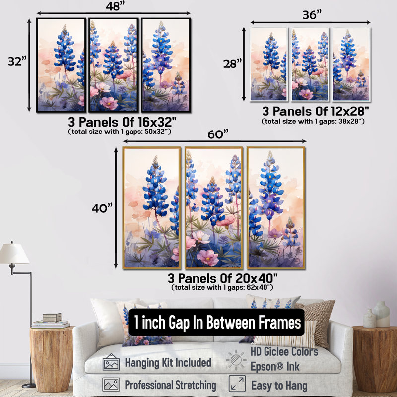 «Blue Bonn Wildflower Blue Bonnets Dreams III - Blue Bonnets», ensemble de reproduction d'art mural, Black Floater Framed