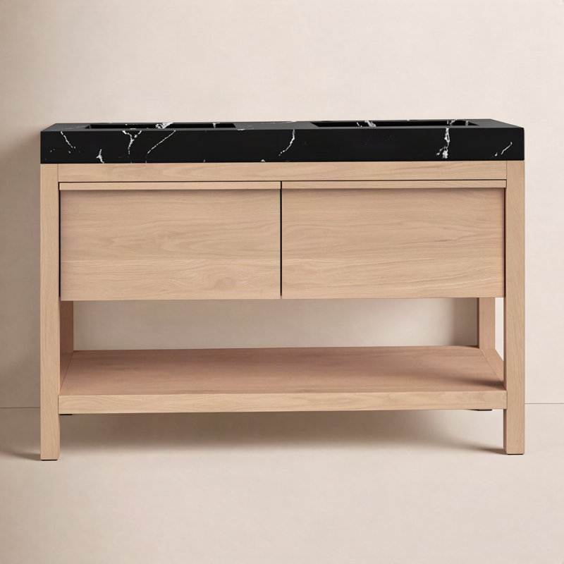 Ariane 48'' Natural Oak Veneer Plywood Double Bathroom Vanity with Engineered Quartz Top, Whitewash Oak