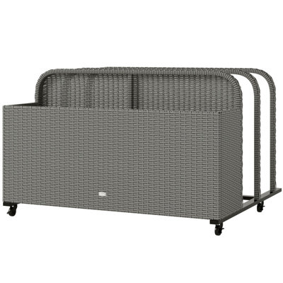 43.25" x 36.8" x 29.5" Rolling Pool Float Storage Organizer – PE Rattan Wicker Cart with 3 Slots & Towel Rack, Mixed Gray
