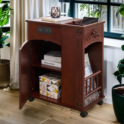 Powered Traditional End Table With Charging Station, Narrow Side Table With USB Ports And Outlets, Nightstand With Storage, Bedside Tables With Wheels For Living Room, Bedroom,Red Walnut