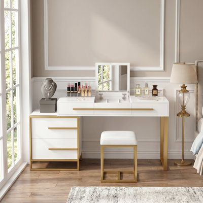 47" Modern White Makeup Vanity Desk with Flip-Top Mirror