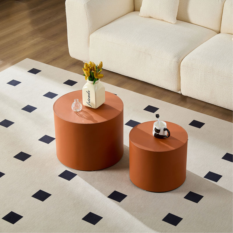 Table en cuir de selle moderne en bois aggloméré orange moderne - tailles compactes, idéale pour la décoration du salon et l'utilisation quotidienne