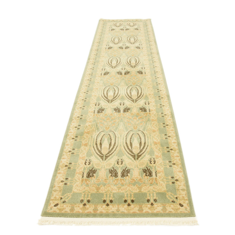 Tapis touffeté ikat Moore en vert clair / beige, Tapis de couloir 2 pi 7 po x 10 pi