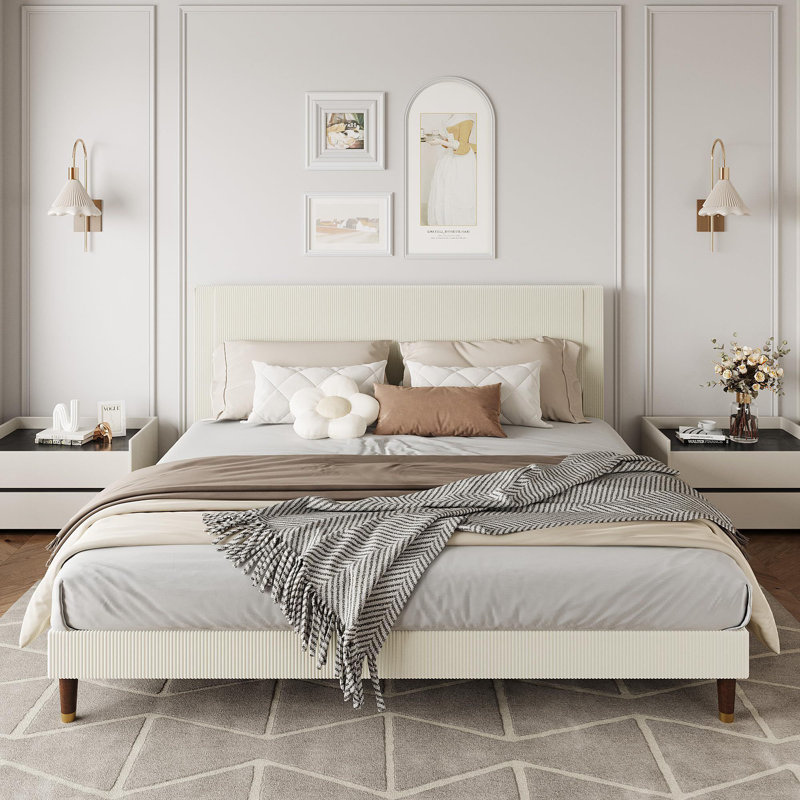 Base de lit plateforme tapissier, tête de lit en tissu et lattes en bois, Beige, King