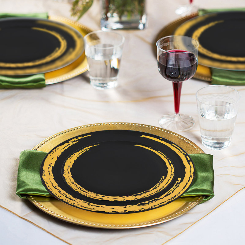 Ensemble de 120 assiettes rondes jetables en plastique noir et or avec motif clair de lune.
