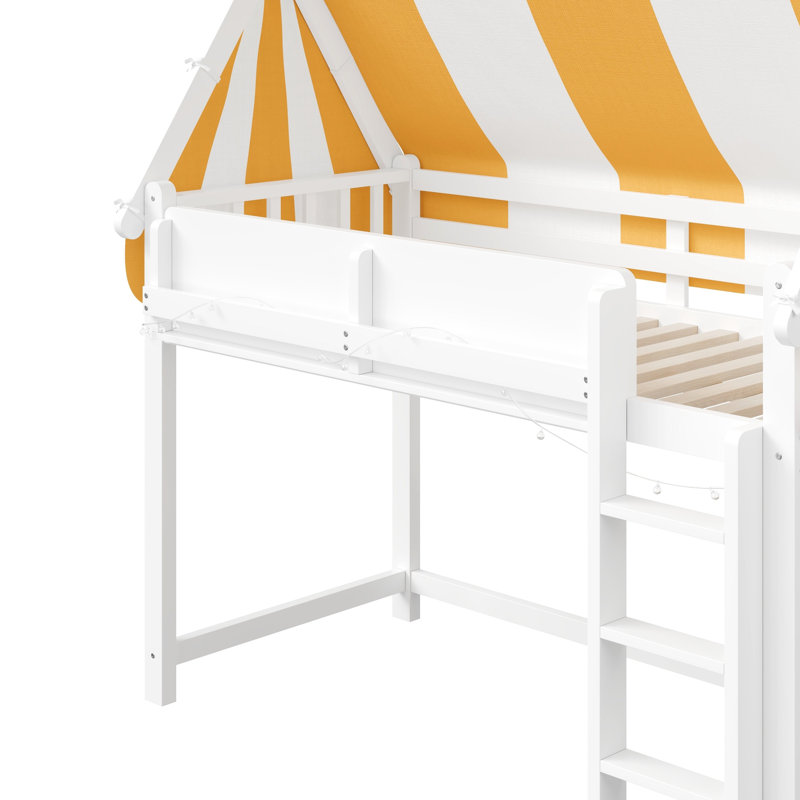 Lit mezzanine blanc avec lit à baldaquin, lumières à DEL et étagère à livres - conception à baldaquin ludique pour la décoration de chambre