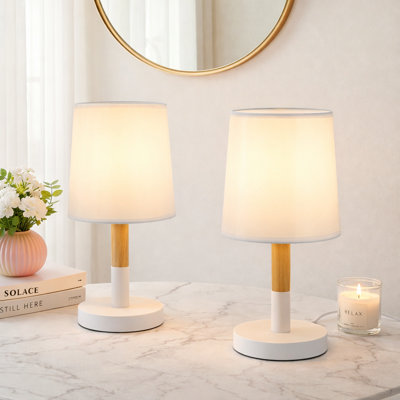 Wood Table Lamps E27 bedside with Fabric Shades