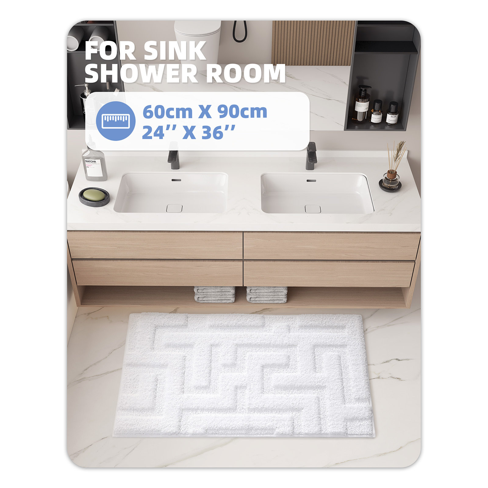 Non-Slip Bath Rug, 24" L x 36" W, White