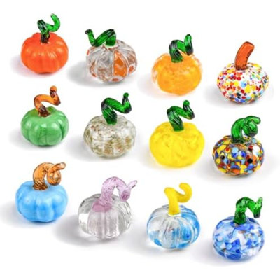12PCS Glass Pumpkins Figurines For Halloween Thanksgiving Fall Harvest Christmas Decoration, Small Crystal Glass Art Pumpkin Paperweight Gifts