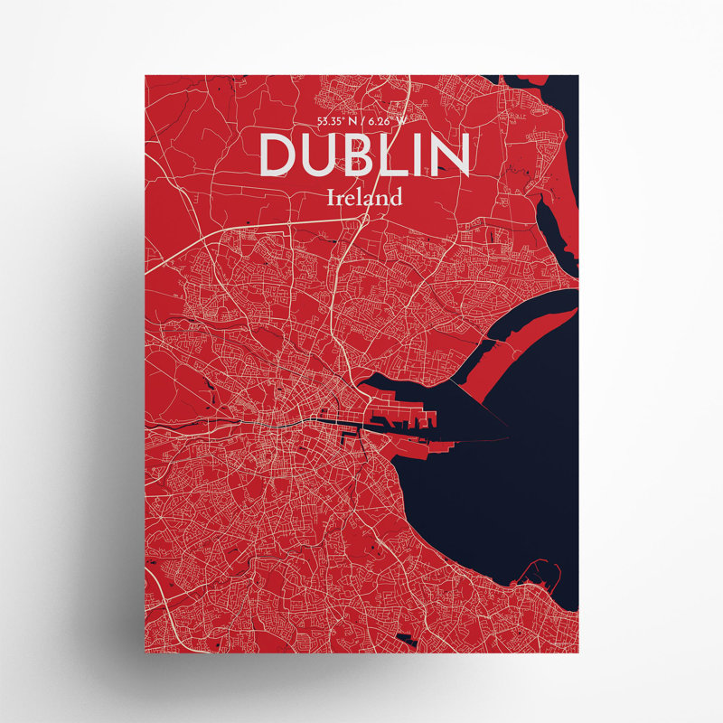«Dublin City Map», impression de luxe, H 24 po x l 18 po, Rouge / bleu marine