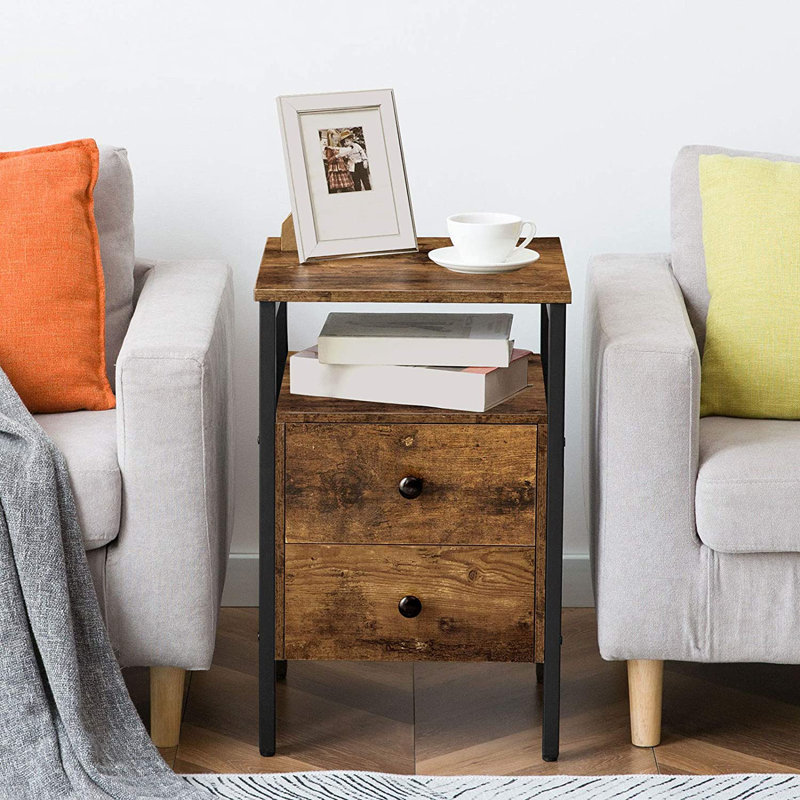 Table de chevet, table de chevet avec 2 tiroirs et tablettes de rangement, table de bout latérale, canapé pour le salon, la chambre à coucher, mobilier d'appoint, assemblage facile, brun rustique et noir