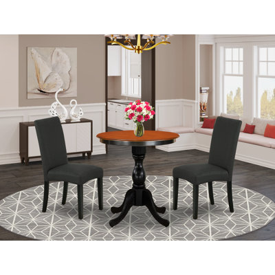 3 Piece Dinette Set for Small Spaces Contains a Round Dining Table with Pedestal and 2 Black Color Linen Fabric Parsons Chairs, 30x30 Inch, Black & Cherry
