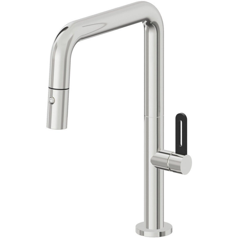 Pull-Down Kitchen Faucet With Button Sprayer - Quad Spout, Black Flat Blade, Polished Chrome