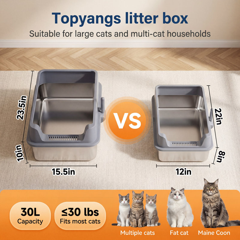 Bac à litière Topyangs XXL à bords hauts en acier inoxydable avec pelle et pédale, gris