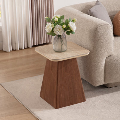 Faux Marble Top End Table With Walnut Pedestal, Mid Century Side For Living Room/Bedroom/Guest Room