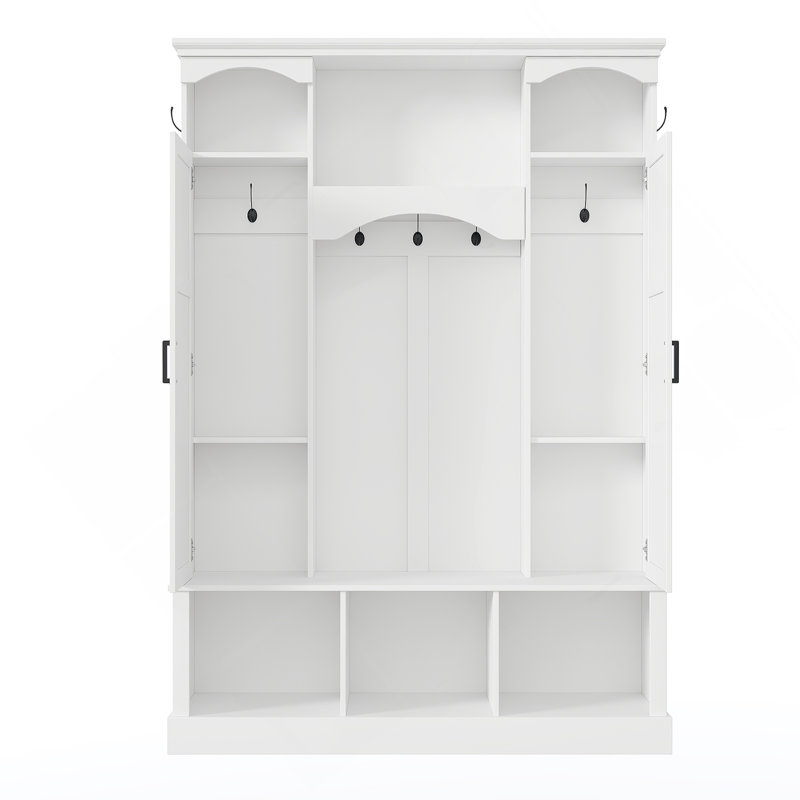 ON-TREND Modern All-In-One Hall Tree With Adjustable Shelves, Classic Arched Farmhouse Storage Bench With Dual Side Cabinets, Elegant Entryway Organizer With 7 Hooks For Mudroom, Hallway, White