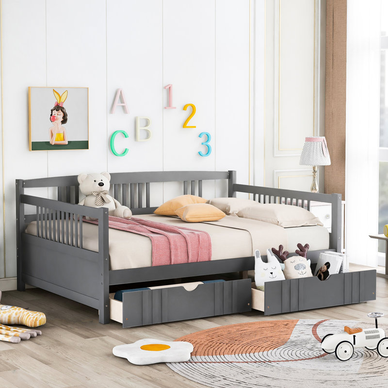 Full Size Daybed With Gray Finish - Solid Wood And Drawer Two Drawers, Enhancing Living Space, Gray