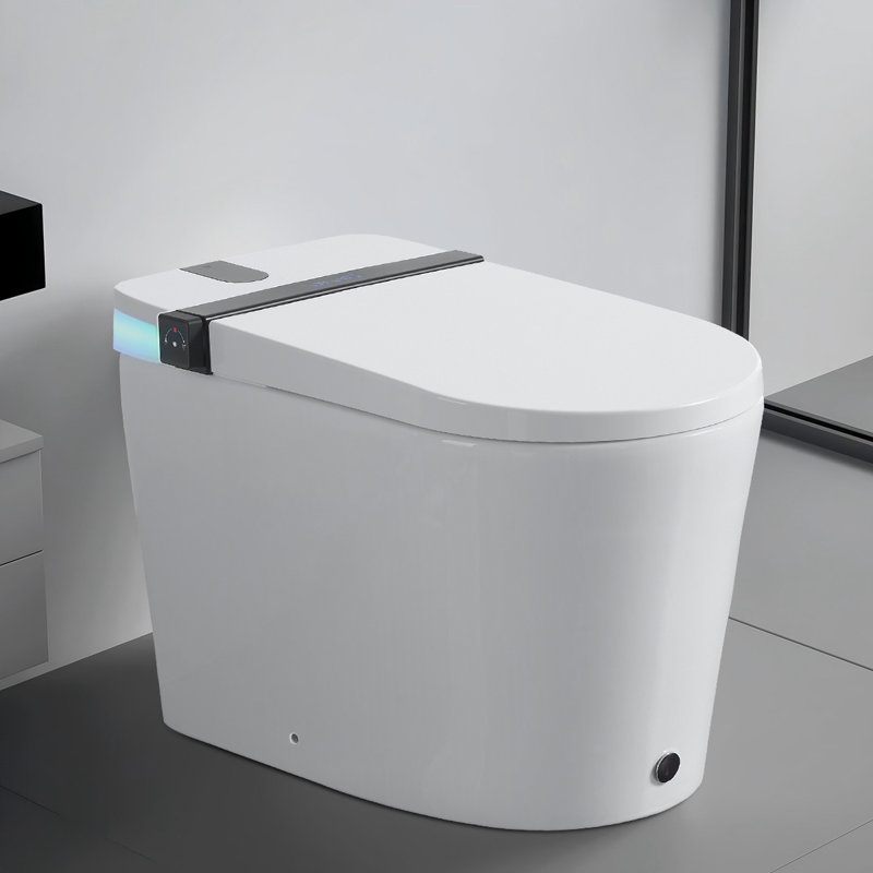 Toilette intelligente avec siège de bidet intégré, siège à ouverture / fermeture automatique, capteur de pied, affichage à DEL, veilleuse, eau chaude et sécheuse, lampe rotative, poignée latérale avec commande multiple