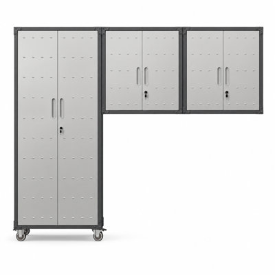 3 Piece Steel Garage Storage System with Tall Lockers, Wall Cabinets and Rolling Workbench, Modular Tool Organization with Adjustable Shelves and Lockable Doors, Powder Coated Finish, Grey