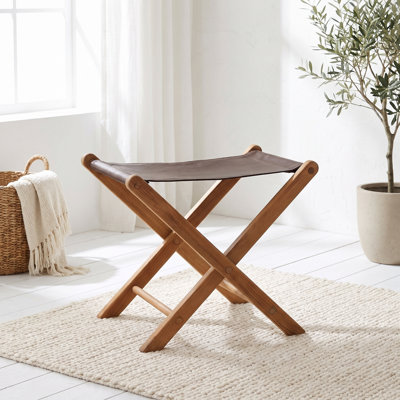 Davie Genuine Teak Wood and Leather Folding Accent Stool