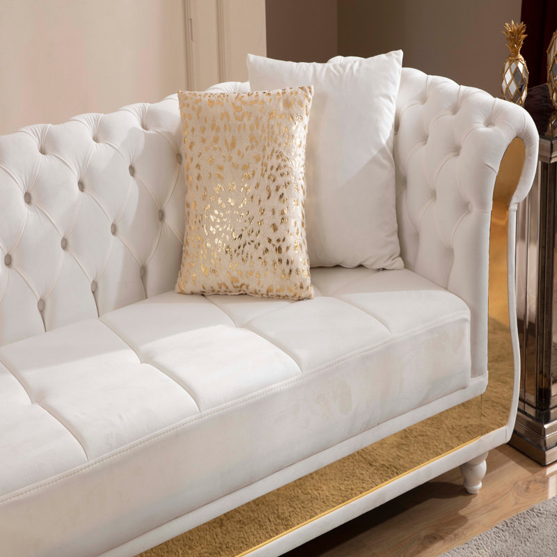 Canapé modulaire en bois capitonné doré, Velours beige, Beige