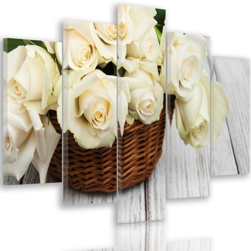 White Roses, Nature Flowers - 5 Piece Wrapped Canvas Print, 100cm H x 150cm W