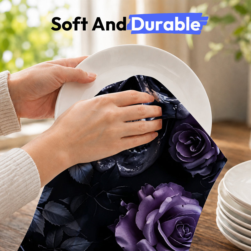  Serviette de cuisine en microfibre d'Halloween, linges à vaisselle réutilisables absorbants, décoratifs résistants à la décoloration, 16 po x 24 po, imprimé tête de mort noir mauve