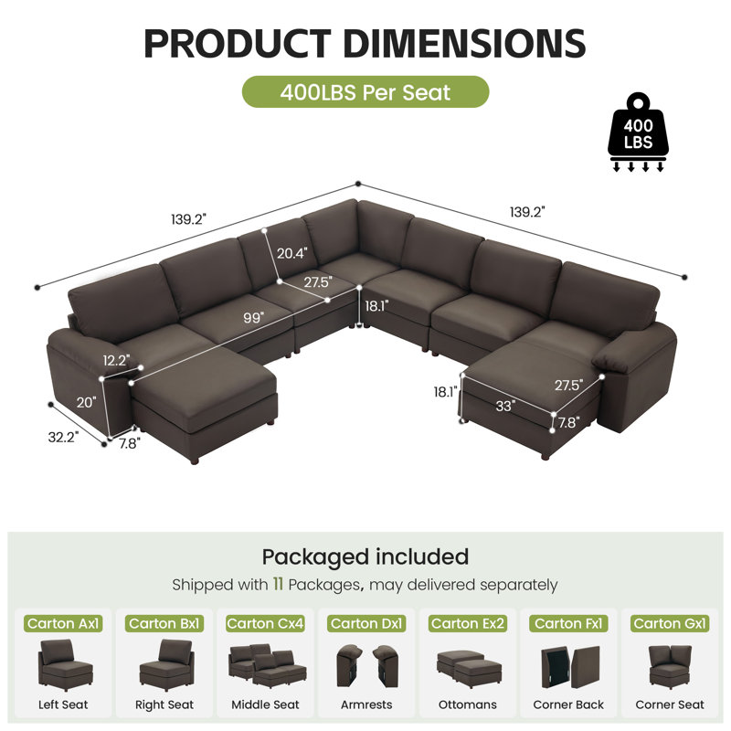 Canapé modulaire moderne avec repose-pieds en cuir de polyuréthane Marybelle Marybelle, Brown Faux Leather
