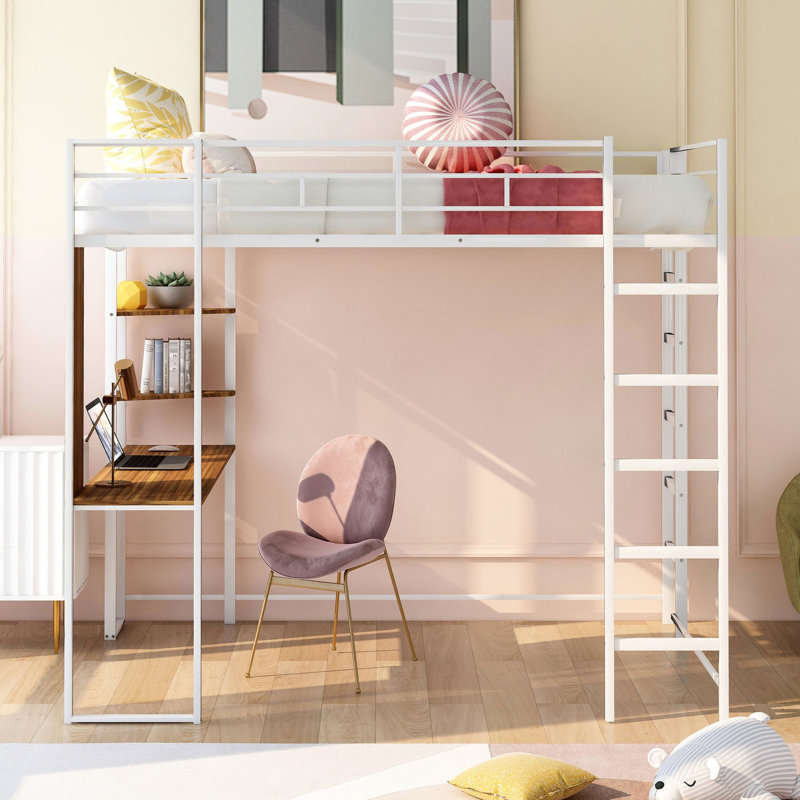 Lit mezzanine en métal blanc avec bureau intégré et 2 tablettes - taille fonctionnelle pratique et conception stable
