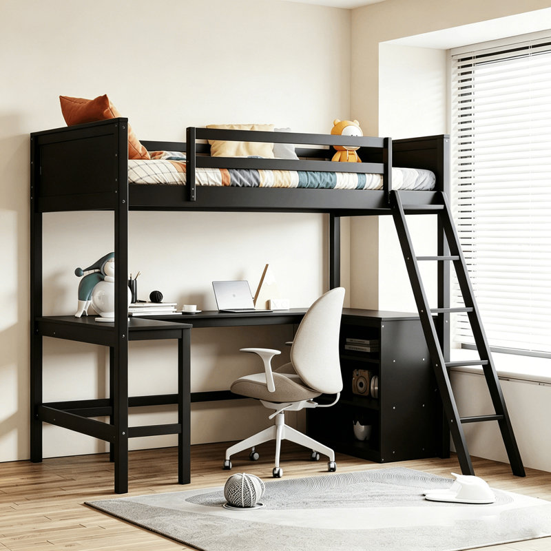 Lit mezzanine simple avec bureau et bibliothèque, Espresso