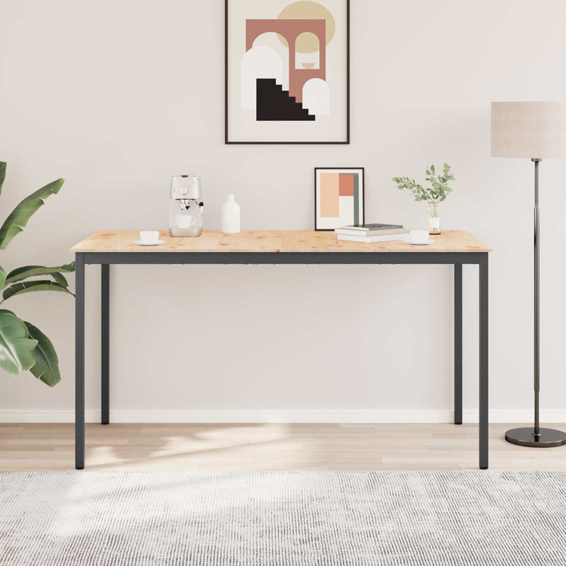Solid Wood Top Metal Base Dining Table, Black, Natural, 105cmH x 200cmL x 100cmW