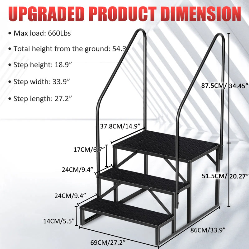 Escalier portatif pour véhicule récréatif et spa avec rampe - Marches extérieures robustes pour roulottes de voyage, camping-car, spa, porche, capacité de 440 lb, installation facile
