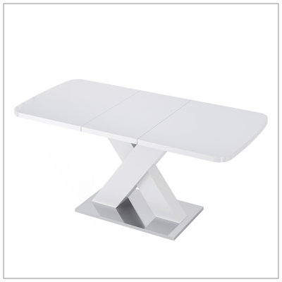 Modern Square Dining Table, Stretchable, White Table Top+MDF X-Shape Table Leg with Metal Base