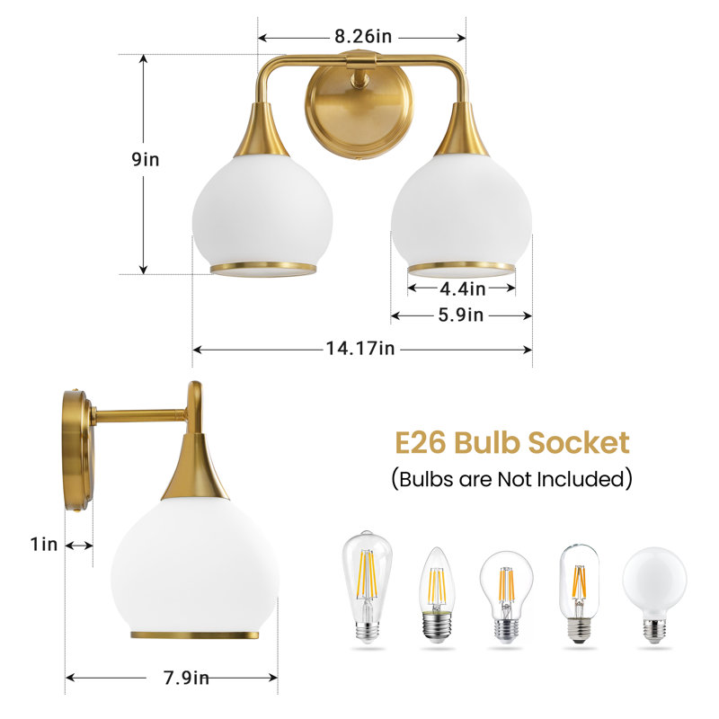 Éclairage pour meuble-lavabo à 2 lumières à intensité variable Lupe, Gold/White Finish/White Shade