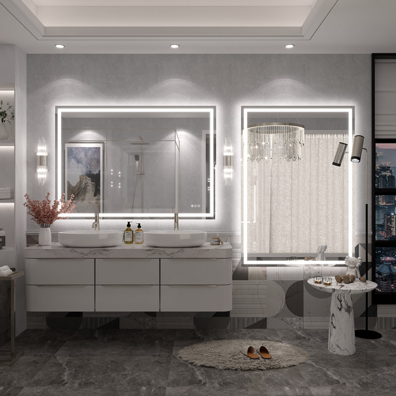 Molly Frameless LED Front Light and Backlit 3 Colors Dimmable Anti-Fog Wall Bathroom Vanity Mirror, 51" x 36", Clear