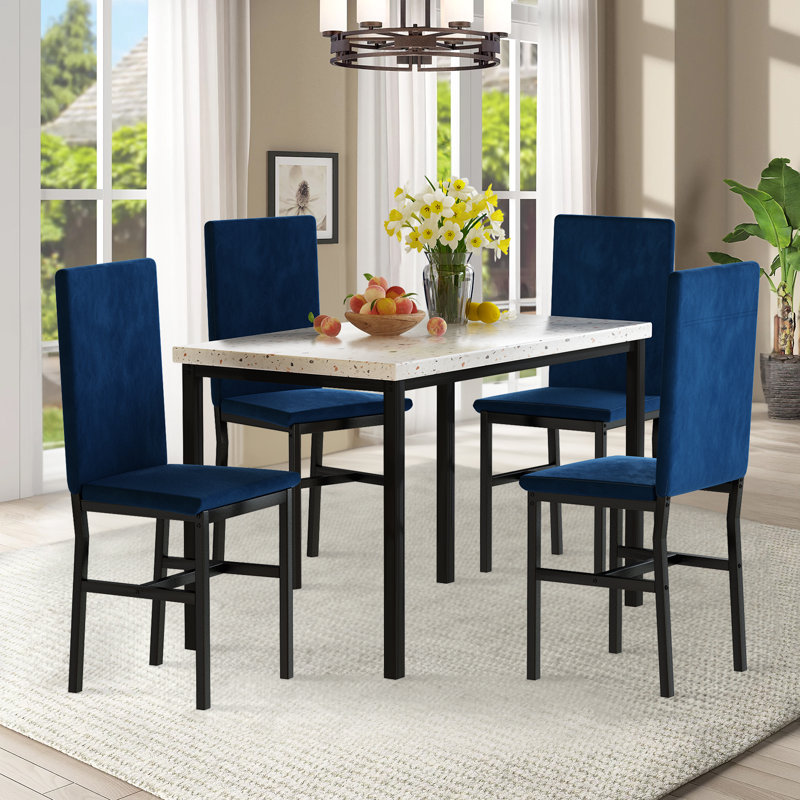 Keveen 5 - Person Faux Marble Top Four Leg Dining Set, Blue