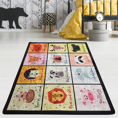 Tapis rectangulaire en polyester tissé à plat à la machine en noir / gris / rose