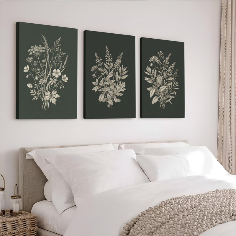 Botanique à motif floral sur toile tendue, ensemble de 3 décorations pour salon, H 18 po x l 36 po