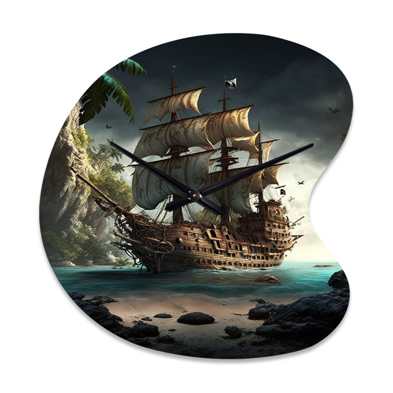 Bateau pirate sur l'océan - Horloge murale en forme de bateau, horloge murale asymétrique traditionnelle, Grand