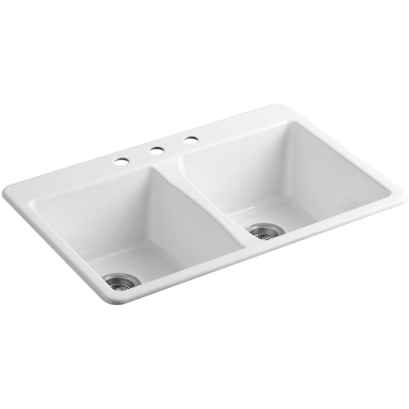 Deerfield 33" L x 22" W Double Basin Drop-In Kitchen Sink with Accessories, White, 3 Hole