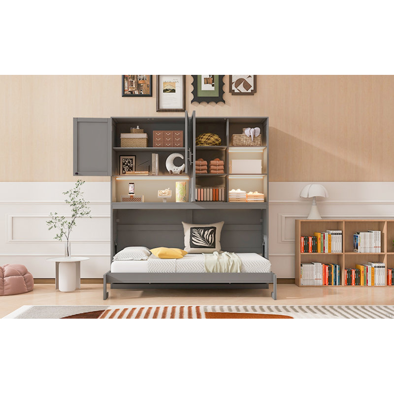 Lit escamotable mural avec armoire supérieure, tablettes, lit pliable peu encombrant avec éclairage et port USB