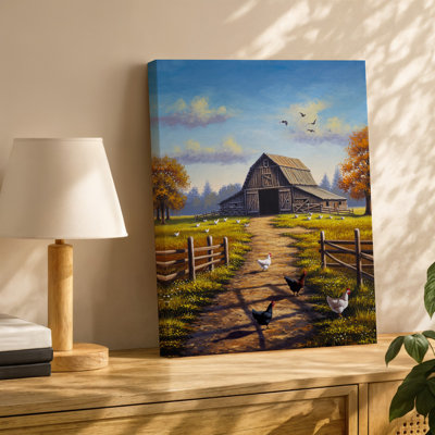 Toile, scène de ferme sereine représentant une grange en bois rustique avec art mural, toit incliné entouré d'un chemin de terre