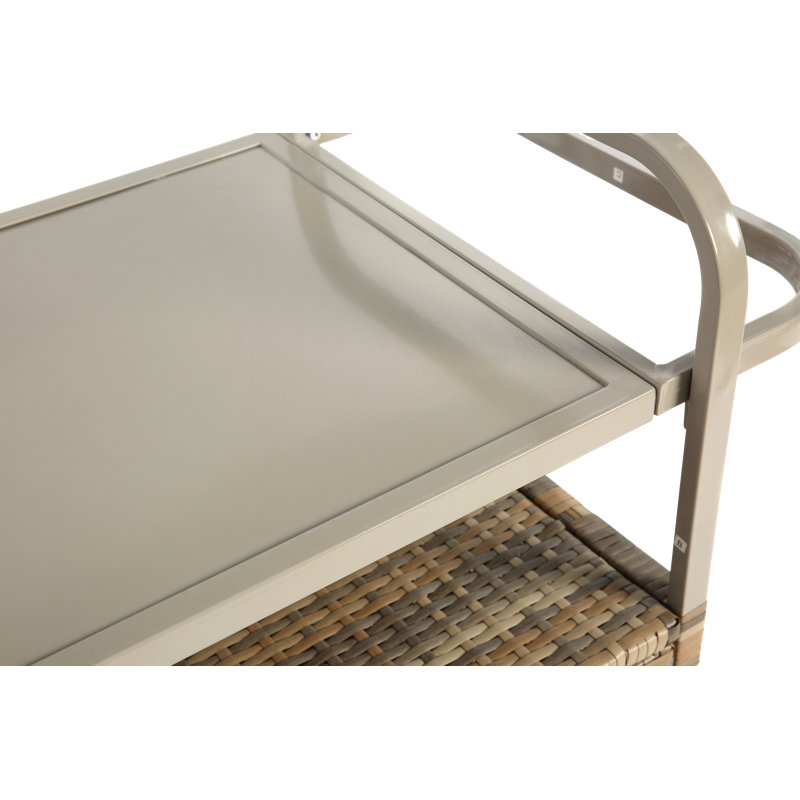 Chariot de table à roulettes d'extérieur avec plateau en acier et armoire de rangement, Naturel