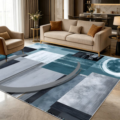 1PC Modern Geometric Teal & Grey Abstract Patchwork area rugs for Living Room, Soft and Comfortable, Suitable for all seasons, easy-to-maintain, machine washable Indoor floor mat, Under Table suitable for dining table, bedroom, home office, entryway,