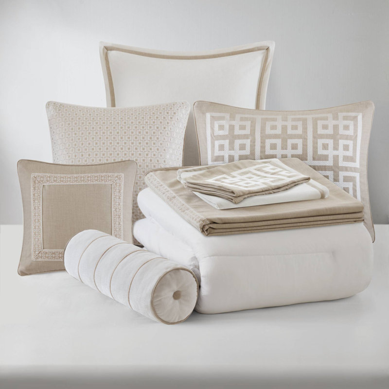 9- Piece King Comforter Set, King Comforter + 8 Additional Pieces, Tan