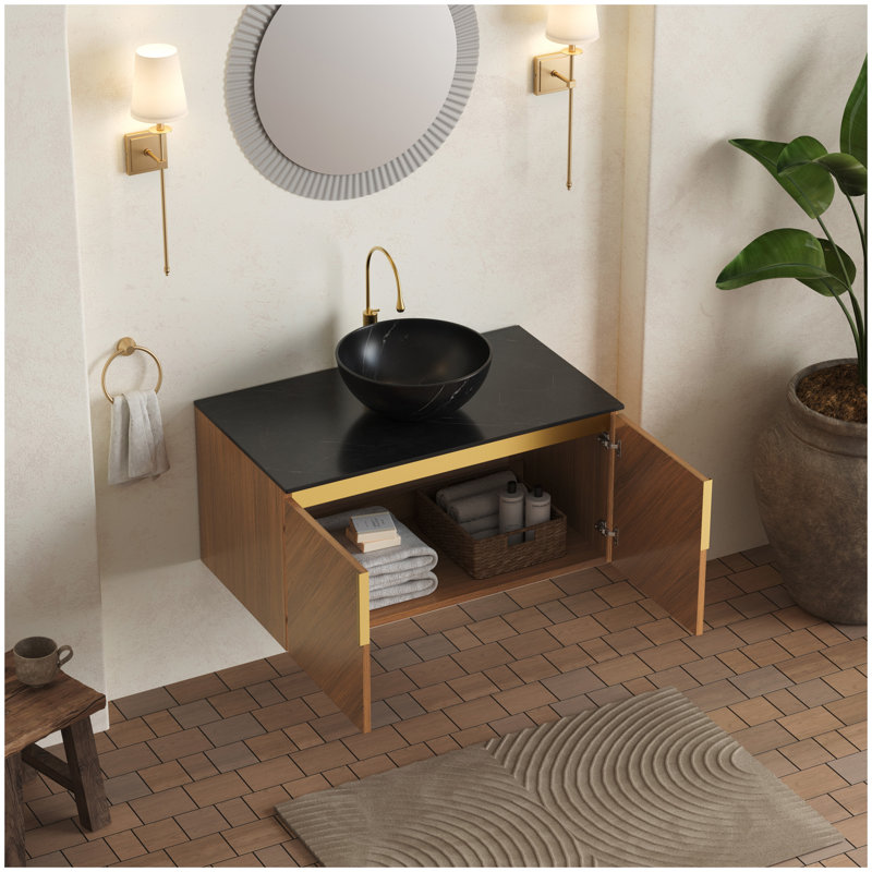 Meuble-lavabo de salle de bain 36 po ARAI, armoire de rangement flottante en contreplaqué pour salle de bain avec portes doubles, comptoir en pierre frittée noire et cuve en céramique noire avec motif de pierre, couleur grain de bois de chêne brun